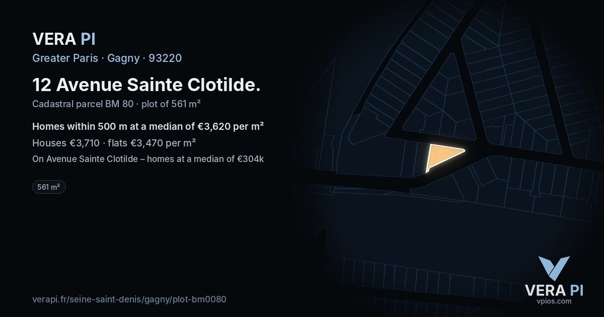 12 Avenue Sainte Clotilde, Gagny at night – the plot lit, the parcels around coloured by the prices near them