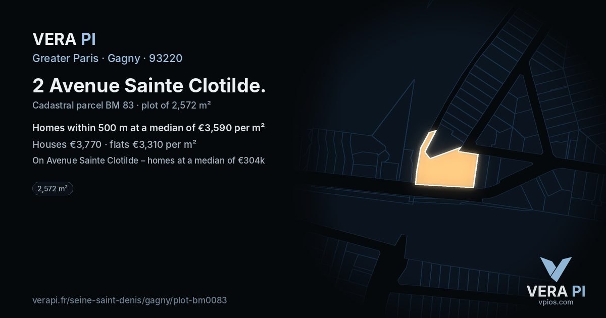 2 Avenue Sainte Clotilde, Gagny at night – the plot lit, the parcels around coloured by the prices near them