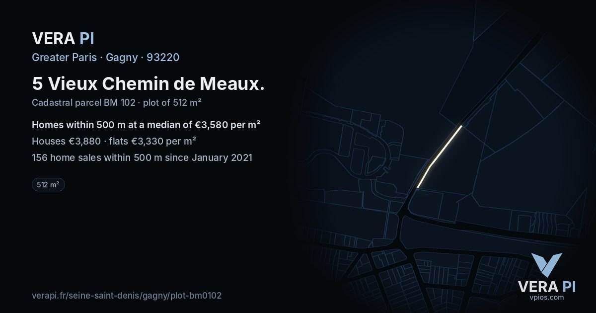 5 Vieux Chemin de Meaux, Gagny at night – the plot lit, the parcels around coloured by the prices near them