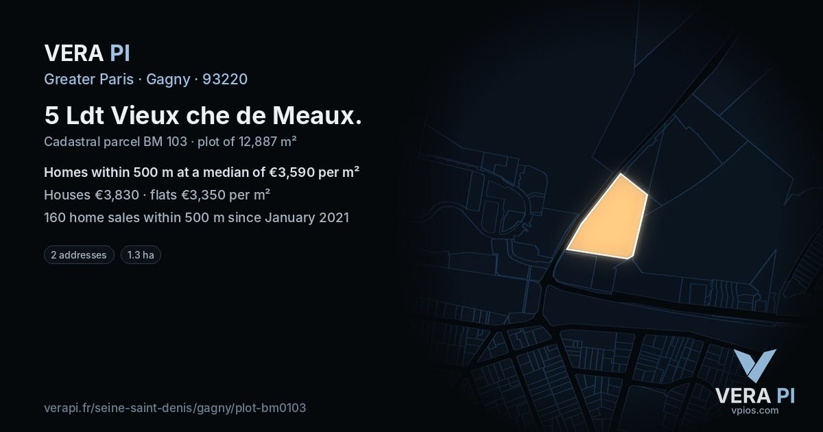 5 Ldt Vieux che de Meaux, Gagny at night – the plot lit, the parcels around coloured by the prices near them