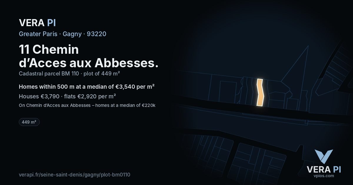 11 Chemin d’Acces aux Abbesses, Gagny at night – the plot lit, the parcels around coloured by the prices near them