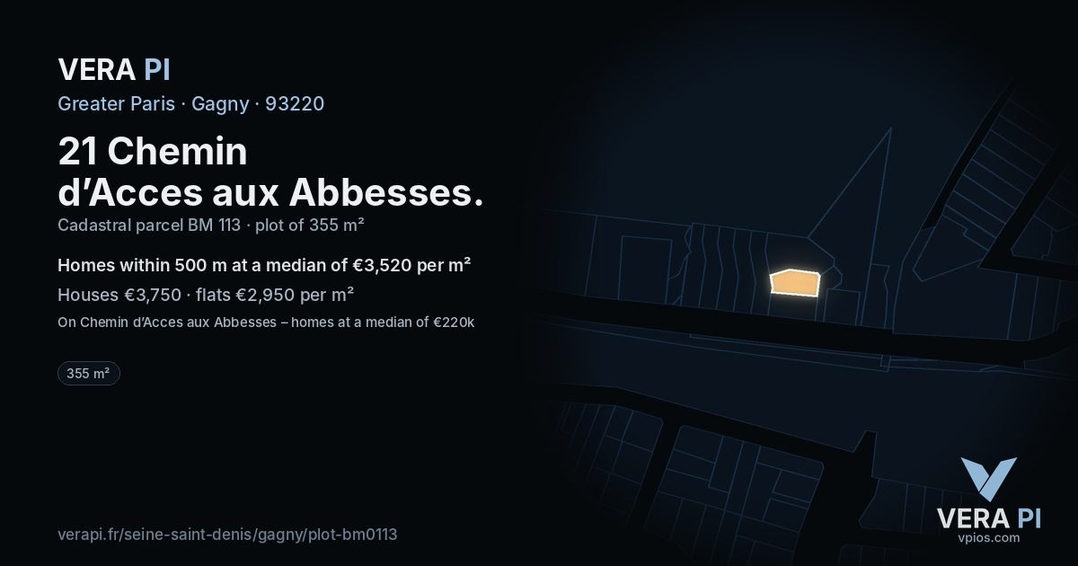 21 Chemin d’Acces aux Abbesses, Gagny at night – the plot lit, the parcels around coloured by the prices near them