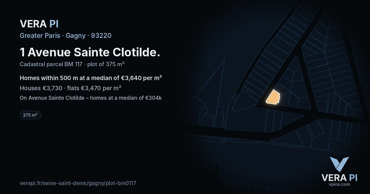 1 Avenue Sainte Clotilde, Gagny at night – the plot lit, the parcels around coloured by the prices near them