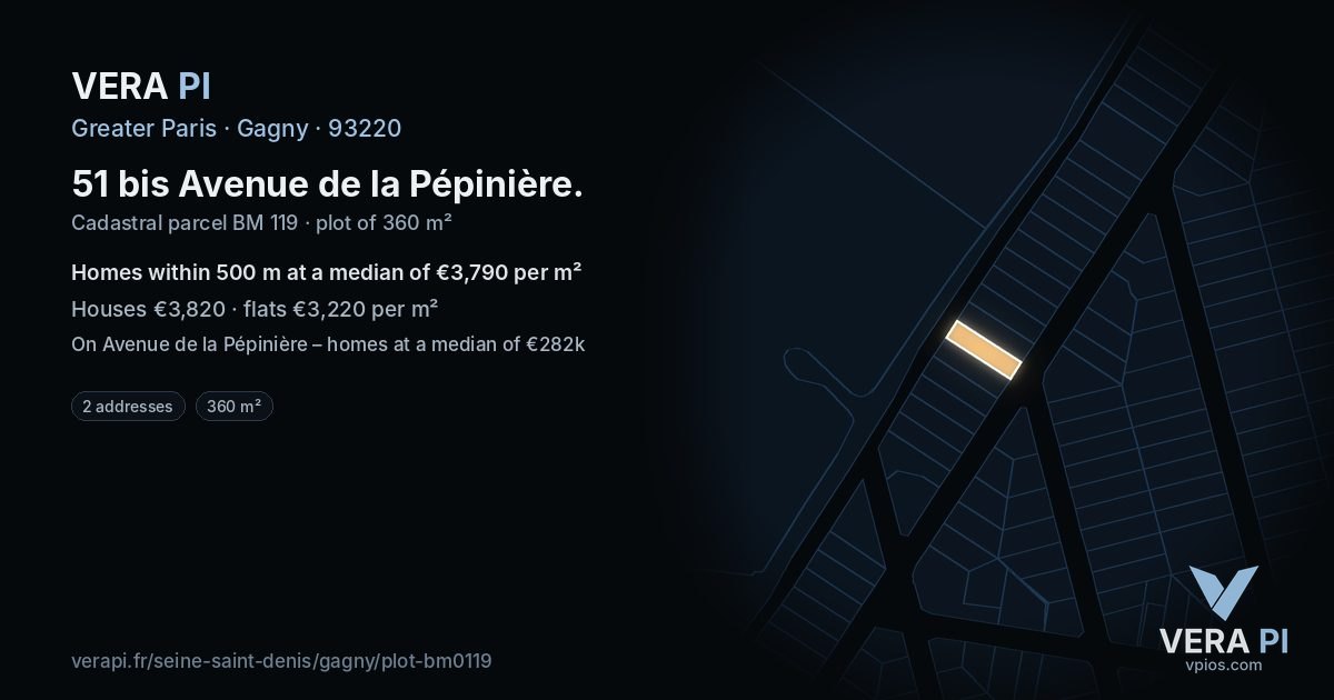 51 bis Avenue de la Pépinière, Gagny at night – the plot lit, the parcels around coloured by the prices near them