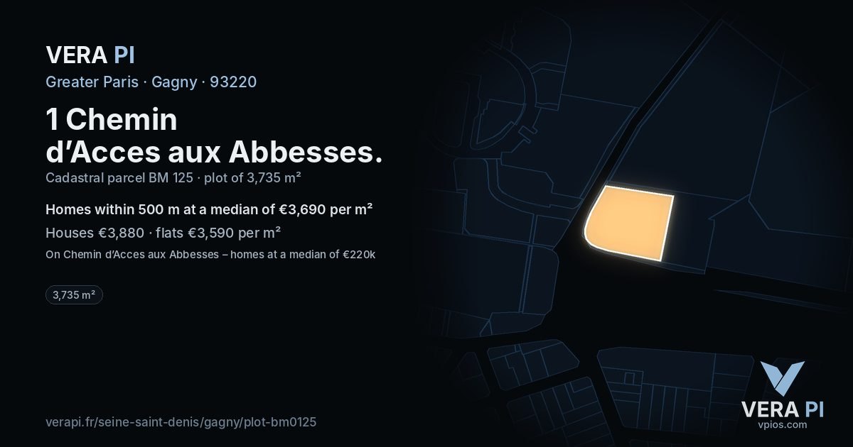 1 Chemin d’Acces aux Abbesses, Gagny at night – the plot lit, the parcels around coloured by the prices near them
