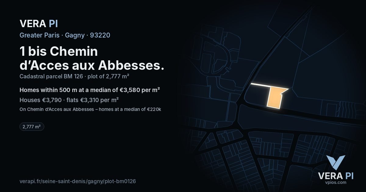 1 bis Chemin d’Acces aux Abbesses, Gagny at night – the plot lit, the parcels around coloured by the prices near them