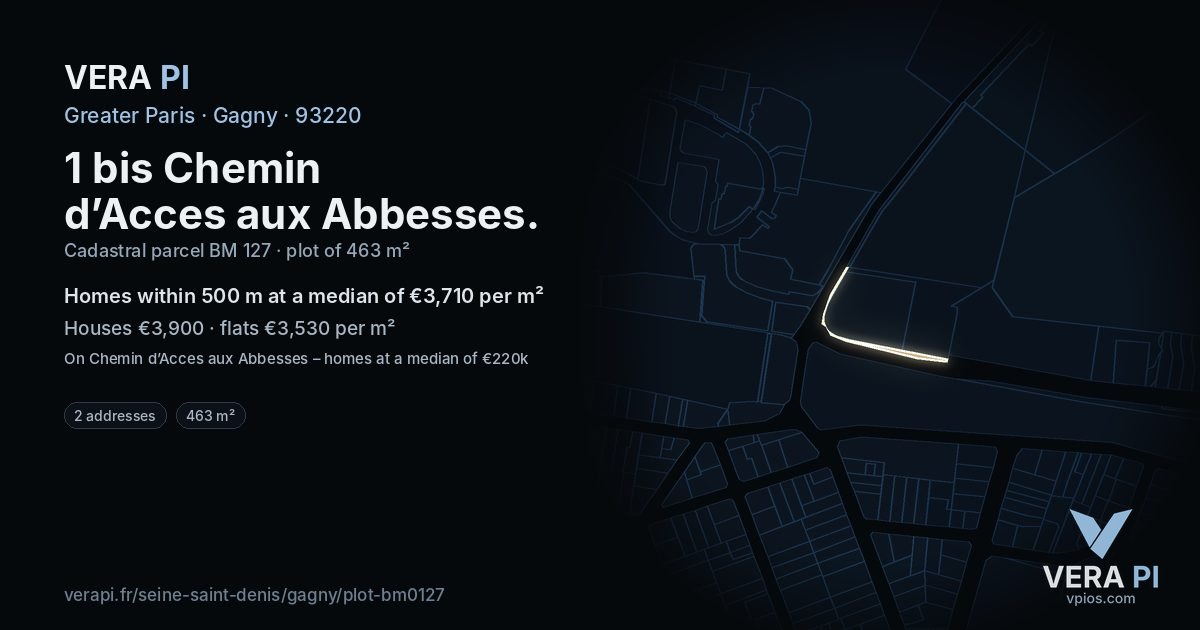 1 bis Chemin d’Acces aux Abbesses, Gagny at night – the plot lit, the parcels around coloured by the prices near them