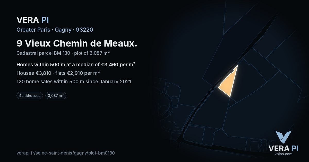 9 Vieux Chemin de Meaux, Gagny at night – the plot lit, the parcels around coloured by the prices near them