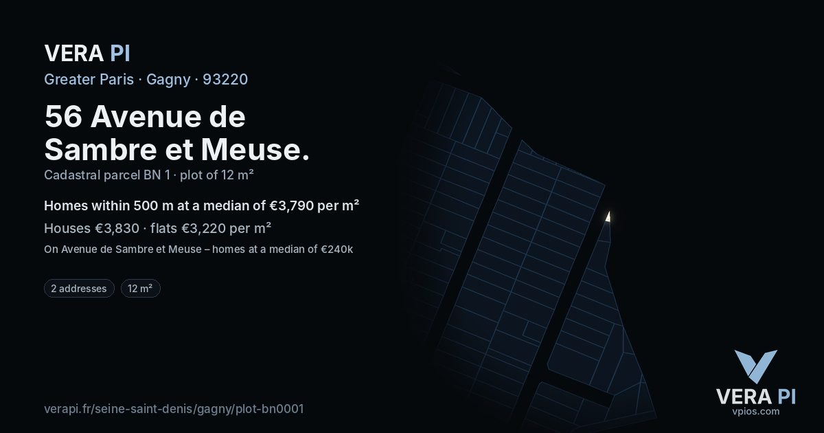56 Avenue de Sambre et Meuse, Gagny at night – the plot lit, the parcels around coloured by the prices near them