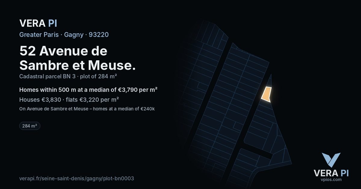 52 Avenue de Sambre et Meuse, Gagny at night – the plot lit, the parcels around coloured by the prices near them