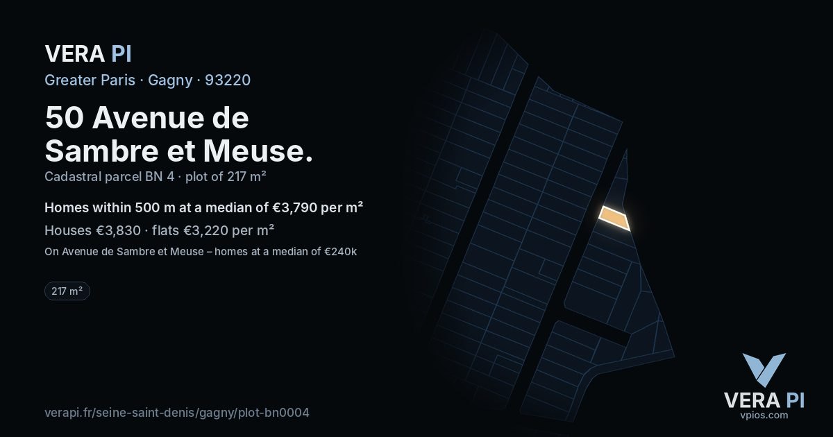 50 Avenue de Sambre et Meuse, Gagny at night – the plot lit, the parcels around coloured by the prices near them