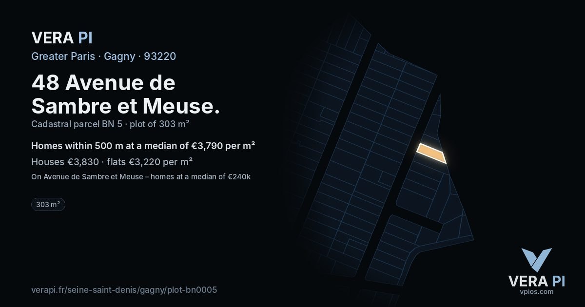 48 Avenue de Sambre et Meuse, Gagny at night – the plot lit, the parcels around coloured by the prices near them