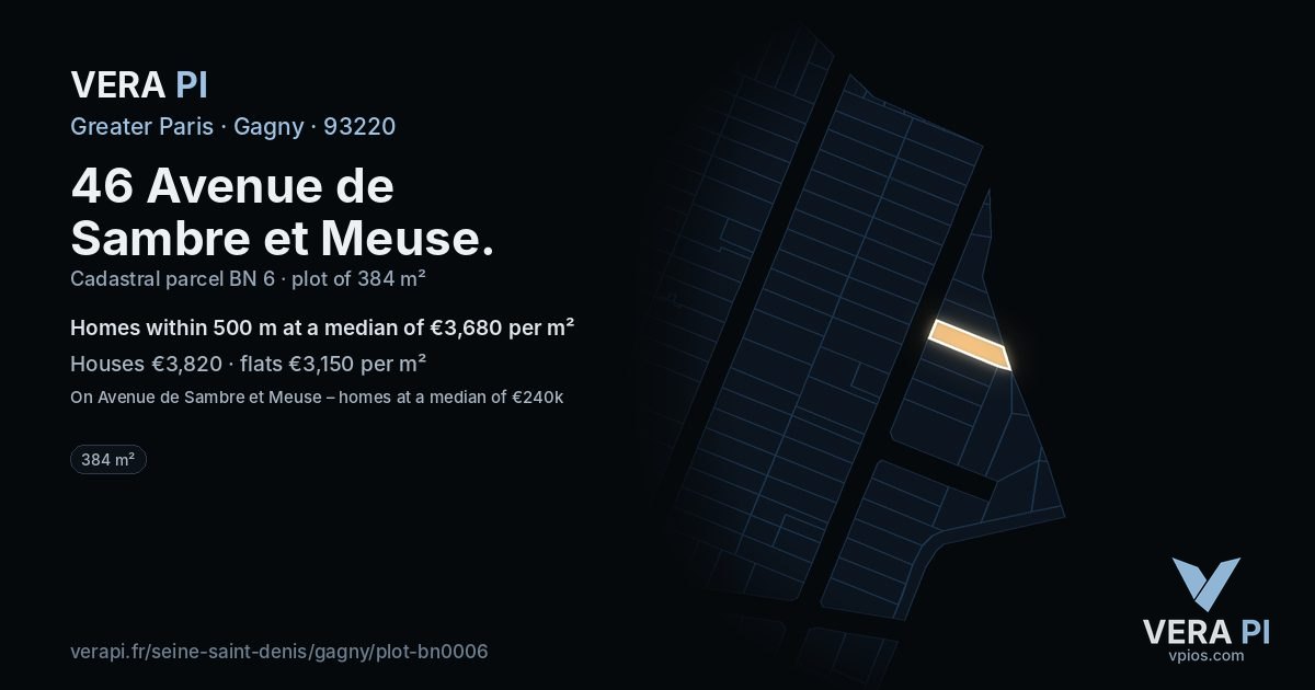 46 Avenue de Sambre et Meuse, Gagny at night – the plot lit, the parcels around coloured by the prices near them