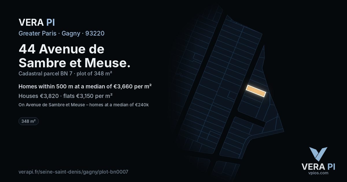 44 Avenue de Sambre et Meuse, Gagny at night – the plot lit, the parcels around coloured by the prices near them
