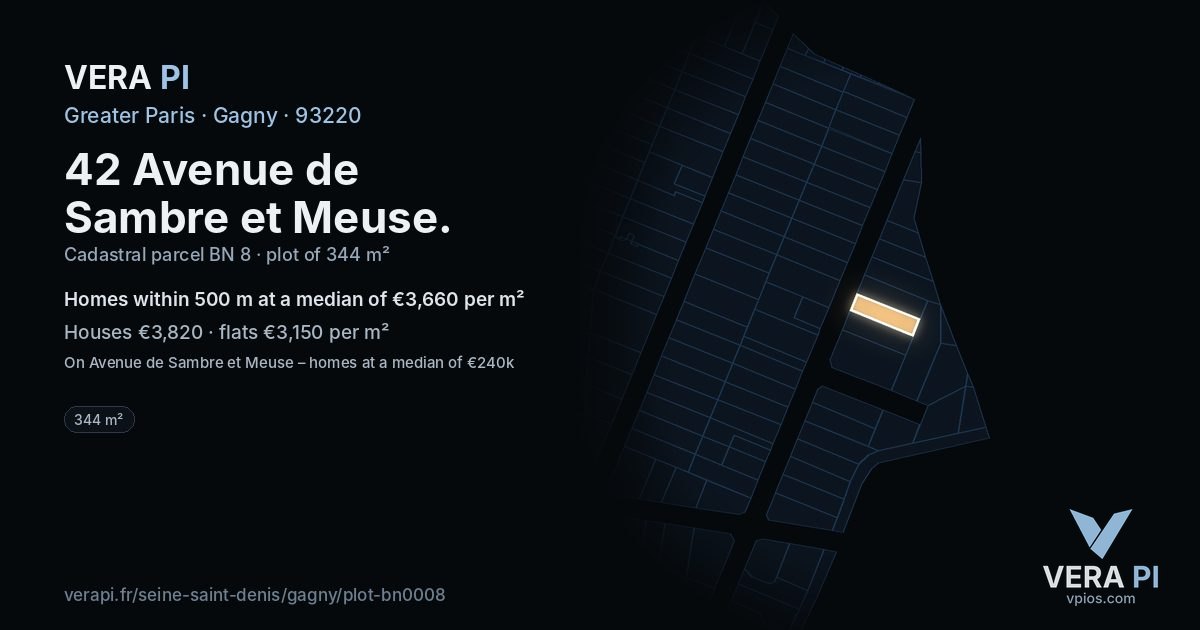 42 Avenue de Sambre et Meuse, Gagny at night – the plot lit, the parcels around coloured by the prices near them