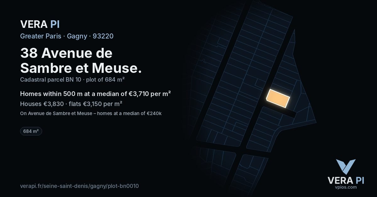 38 Avenue de Sambre et Meuse, Gagny at night – the plot lit, the parcels around coloured by the prices near them