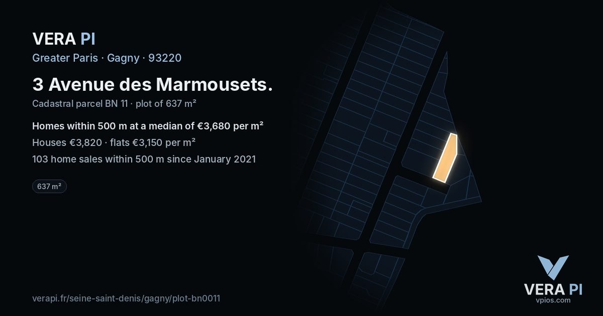 3 Avenue des Marmousets, Gagny at night – the plot lit, the parcels around coloured by the prices near them