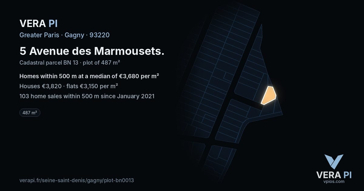 5 Avenue des Marmousets, Gagny at night – the plot lit, the parcels around coloured by the prices near them