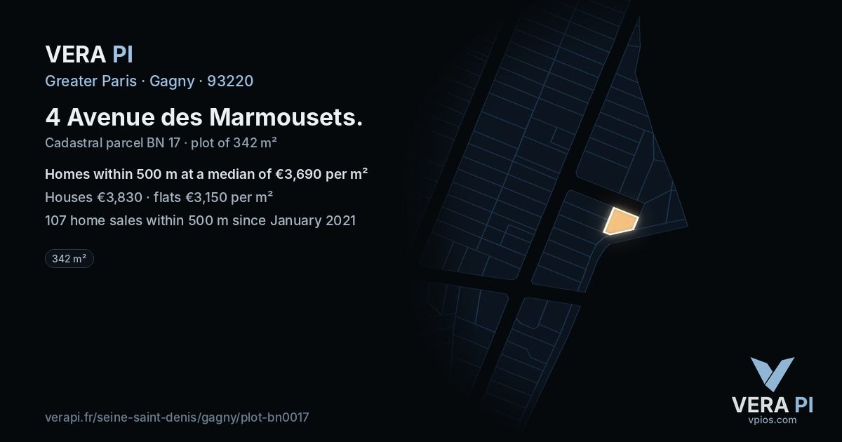 4 Avenue des Marmousets, Gagny at night – the plot lit, the parcels around coloured by the prices near them