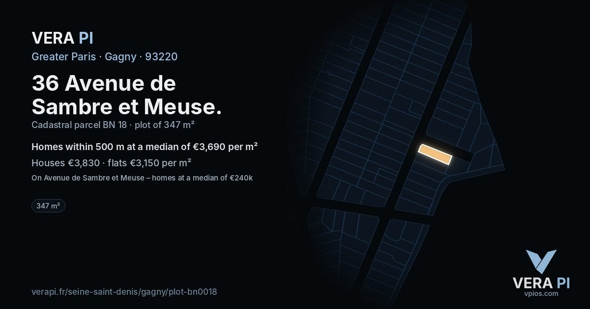 36 Avenue de Sambre et Meuse, Gagny at night – the plot lit, the parcels around coloured by the prices near them