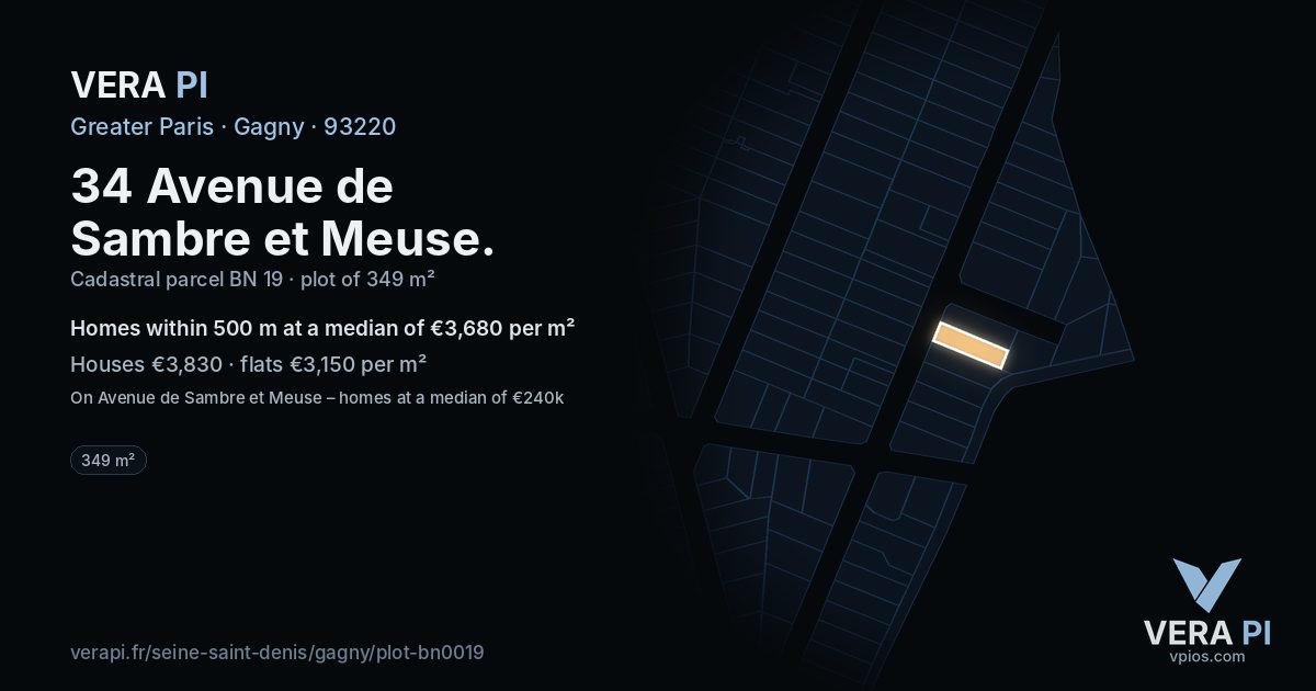 34 Avenue de Sambre et Meuse, Gagny at night – the plot lit, the parcels around coloured by the prices near them