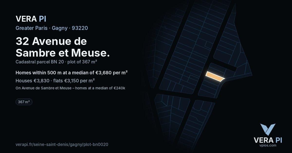 32 Avenue de Sambre et Meuse, Gagny at night – the plot lit, the parcels around coloured by the prices near them