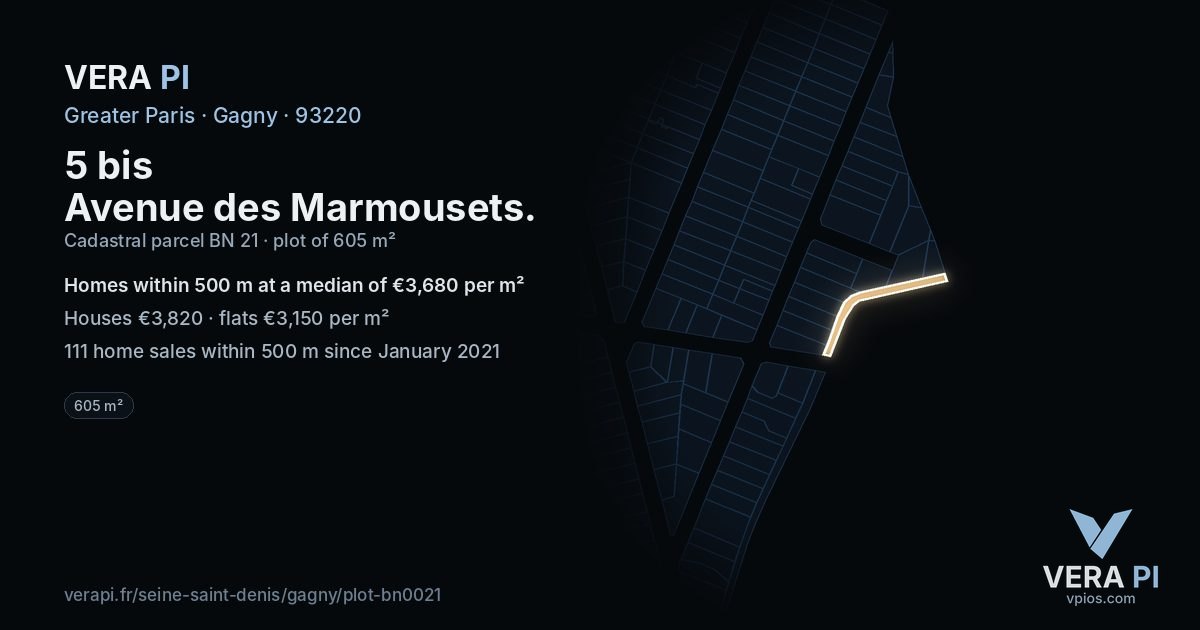5 bis Avenue des Marmousets, Gagny at night – the plot lit, the parcels around coloured by the prices near them