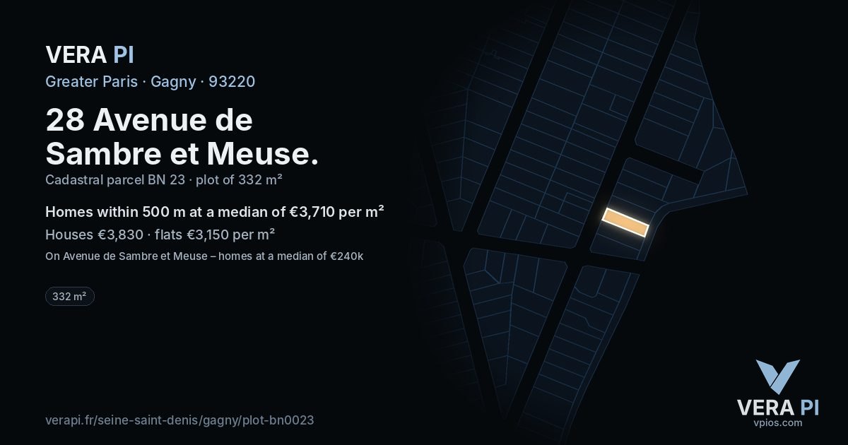 28 Avenue de Sambre et Meuse, Gagny at night – the plot lit, the parcels around coloured by the prices near them