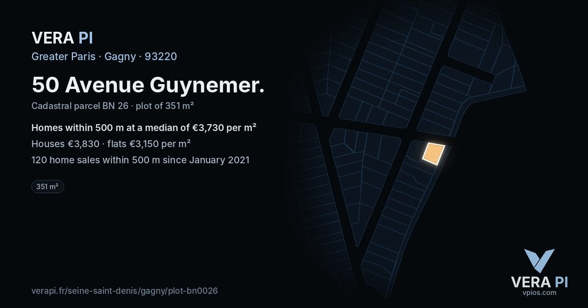 50 Avenue Guynemer, Gagny at night – the plot lit, the parcels around coloured by the prices near them