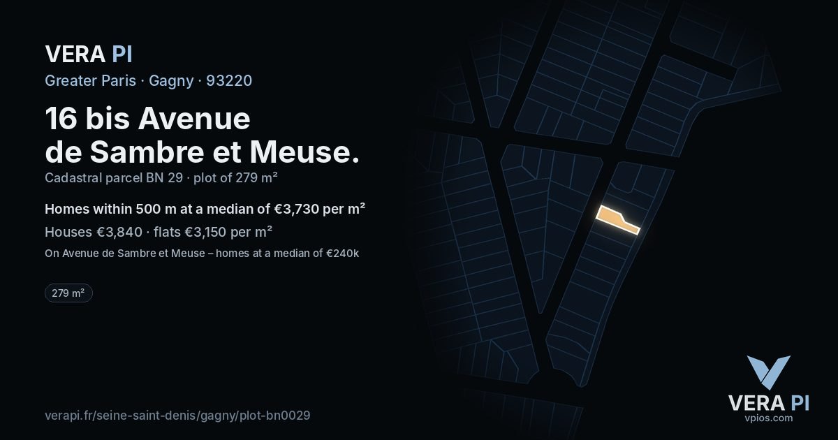 16 bis Avenue de Sambre et Meuse, Gagny at night – the plot lit, the parcels around coloured by the prices near them