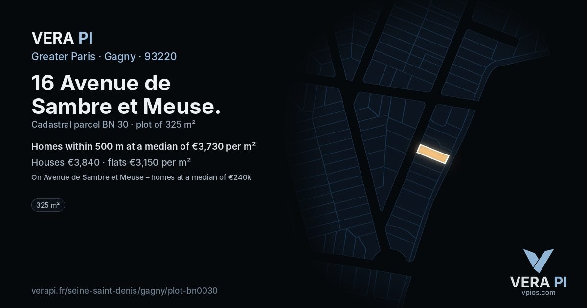 16 Avenue de Sambre et Meuse, Gagny at night – the plot lit, the parcels around coloured by the prices near them