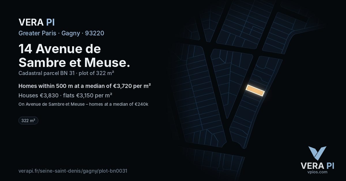 14 Avenue de Sambre et Meuse, Gagny at night – the plot lit, the parcels around coloured by the prices near them