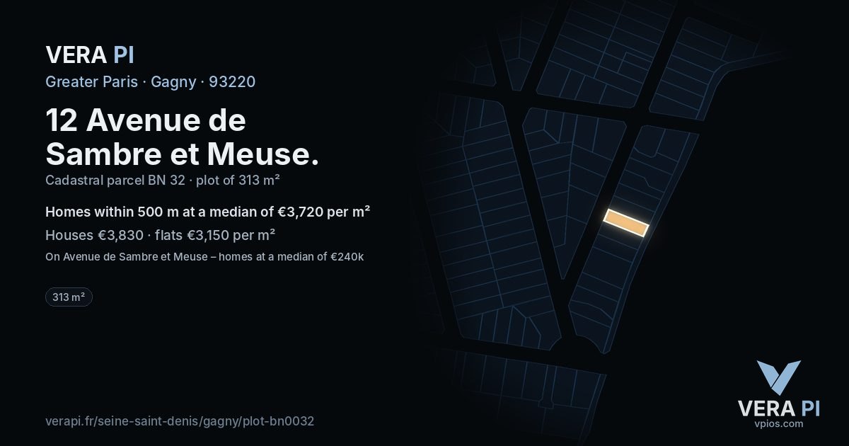 12 Avenue de Sambre et Meuse, Gagny at night – the plot lit, the parcels around coloured by the prices near them