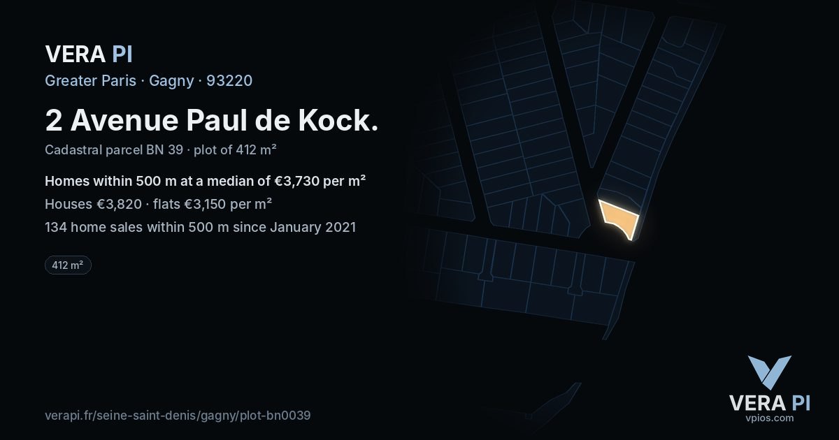 2 Avenue Paul de Kock, Gagny at night – the plot lit, the parcels around coloured by the prices near them