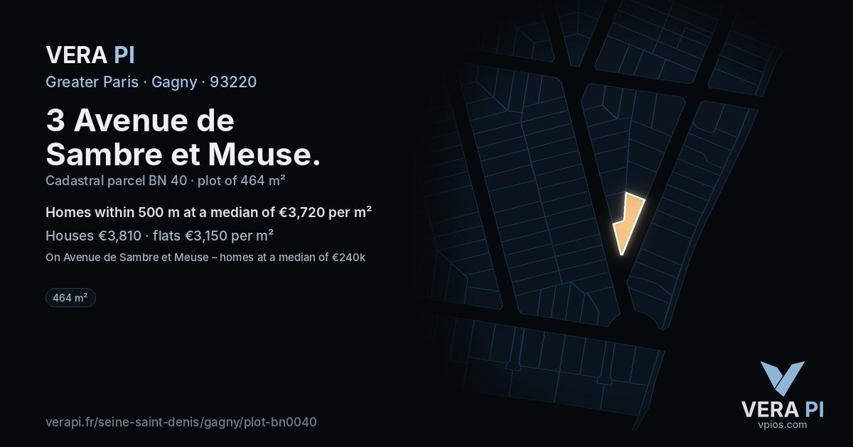 3 Avenue de Sambre et Meuse, Gagny at night – the plot lit, the parcels around coloured by the prices near them