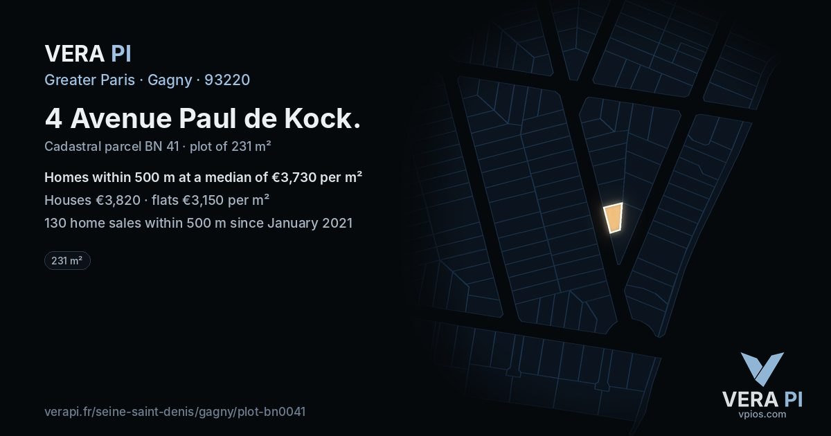 4 Avenue Paul de Kock, Gagny at night – the plot lit, the parcels around coloured by the prices near them