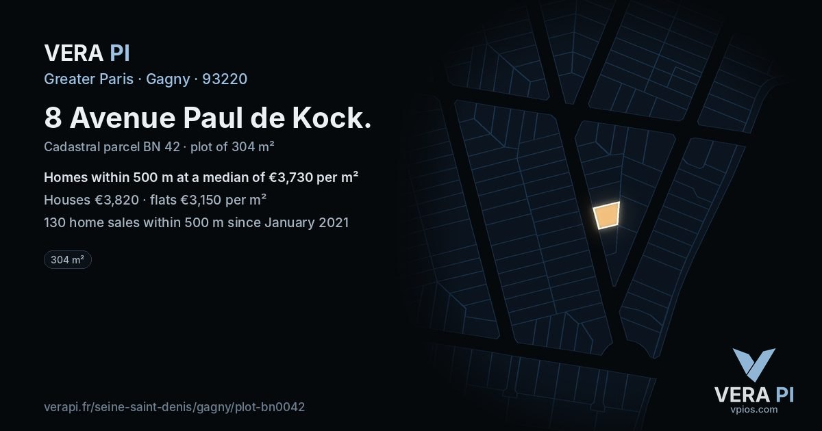 8 Avenue Paul de Kock, Gagny at night – the plot lit, the parcels around coloured by the prices near them