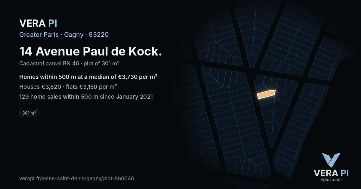 14 Avenue Paul de Kock, Gagny at night – the plot lit, the parcels around coloured by the prices near them