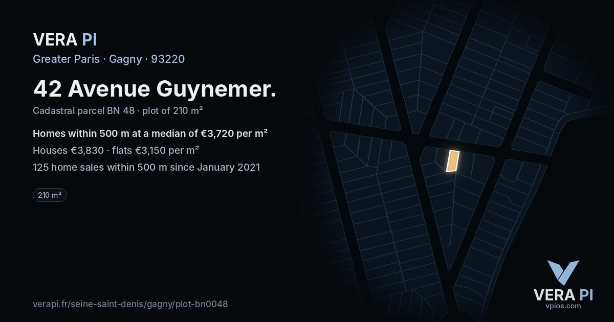 42 Avenue Guynemer, Gagny at night – the plot lit, the parcels around coloured by the prices near them