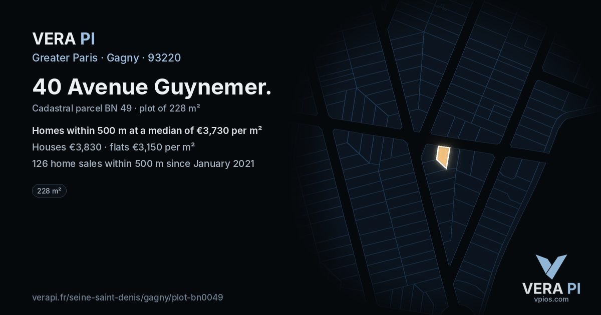 40 Avenue Guynemer, Gagny at night – the plot lit, the parcels around coloured by the prices near them