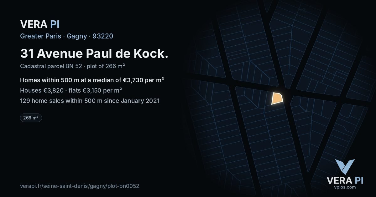 31 Avenue Paul de Kock, Gagny at night – the plot lit, the parcels around coloured by the prices near them