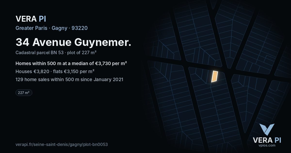 34 Avenue Guynemer, Gagny at night – the plot lit, the parcels around coloured by the prices near them