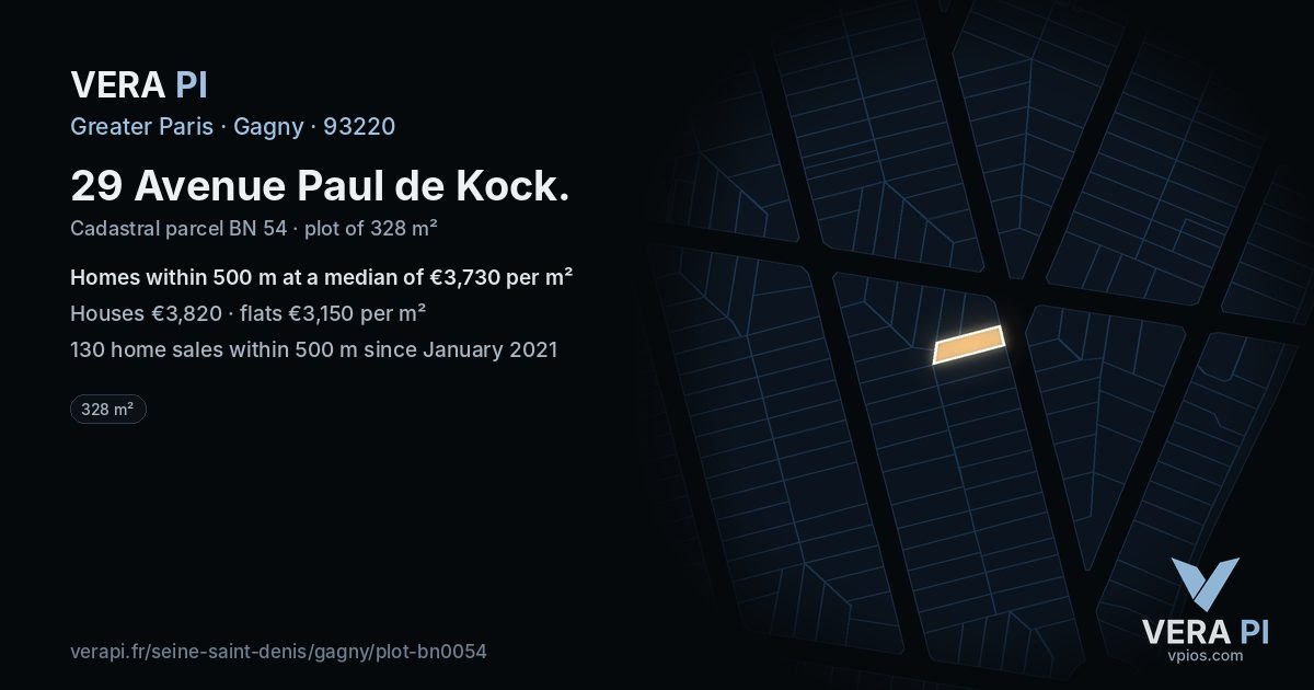 29 Avenue Paul de Kock, Gagny at night – the plot lit, the parcels around coloured by the prices near them
