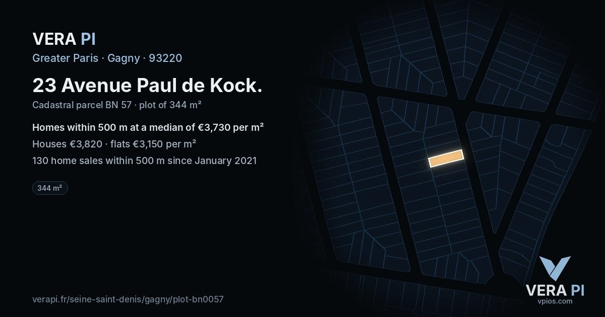 23 Avenue Paul de Kock, Gagny at night – the plot lit, the parcels around coloured by the prices near them