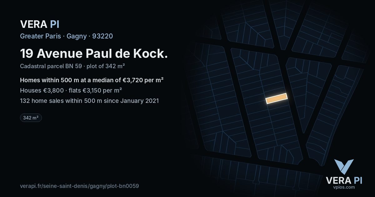 19 Avenue Paul de Kock, Gagny at night – the plot lit, the parcels around coloured by the prices near them