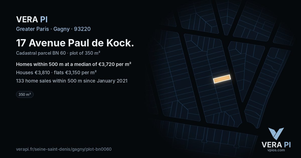 17 Avenue Paul de Kock, Gagny at night – the plot lit, the parcels around coloured by the prices near them