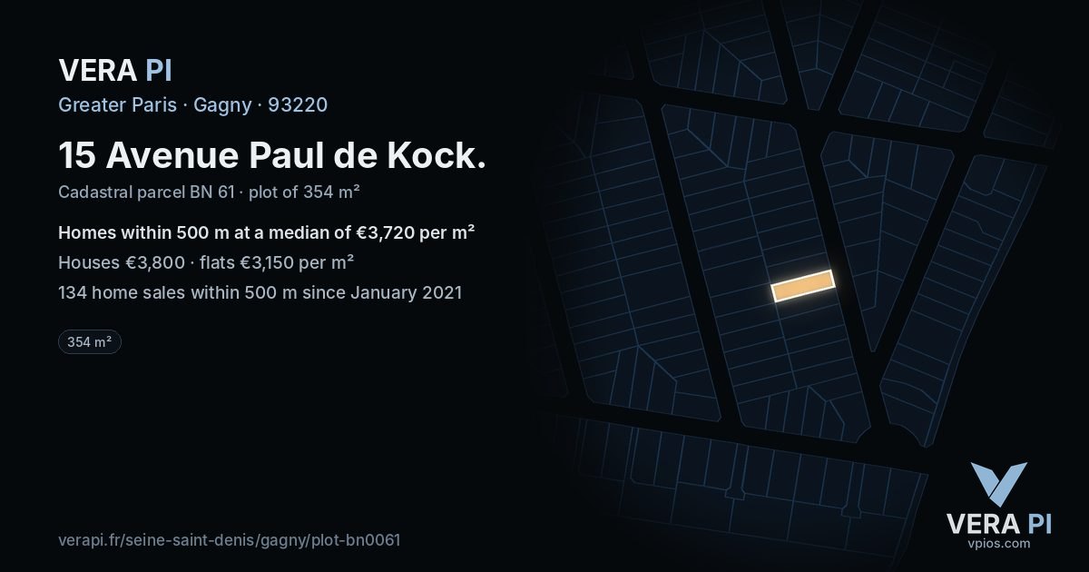15 Avenue Paul de Kock, Gagny at night – the plot lit, the parcels around coloured by the prices near them