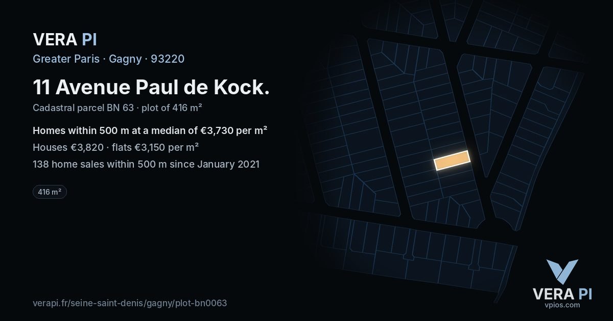 11 Avenue Paul de Kock, Gagny at night – the plot lit, the parcels around coloured by the prices near them