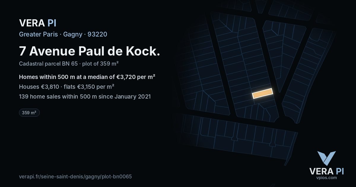 7 Avenue Paul de Kock, Gagny at night – the plot lit, the parcels around coloured by the prices near them
