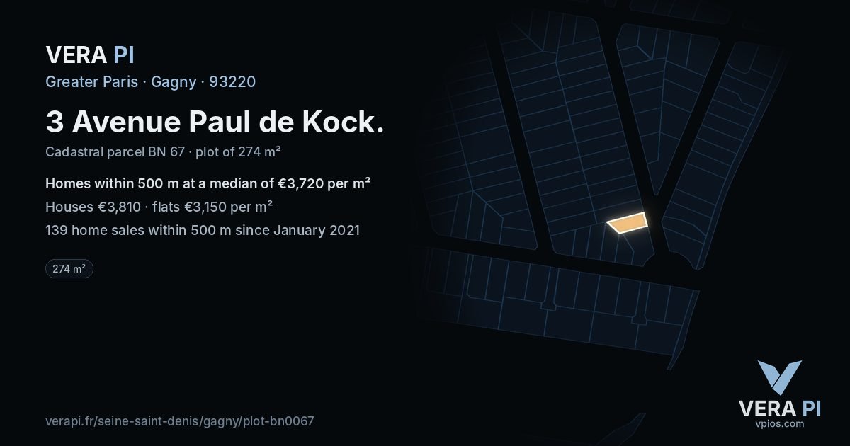 3 Avenue Paul de Kock, Gagny at night – the plot lit, the parcels around coloured by the prices near them